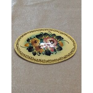 Vintage Hand Painted Zhostovo Style Floral Lacquer Wood Oval Brooch Pin Yellow